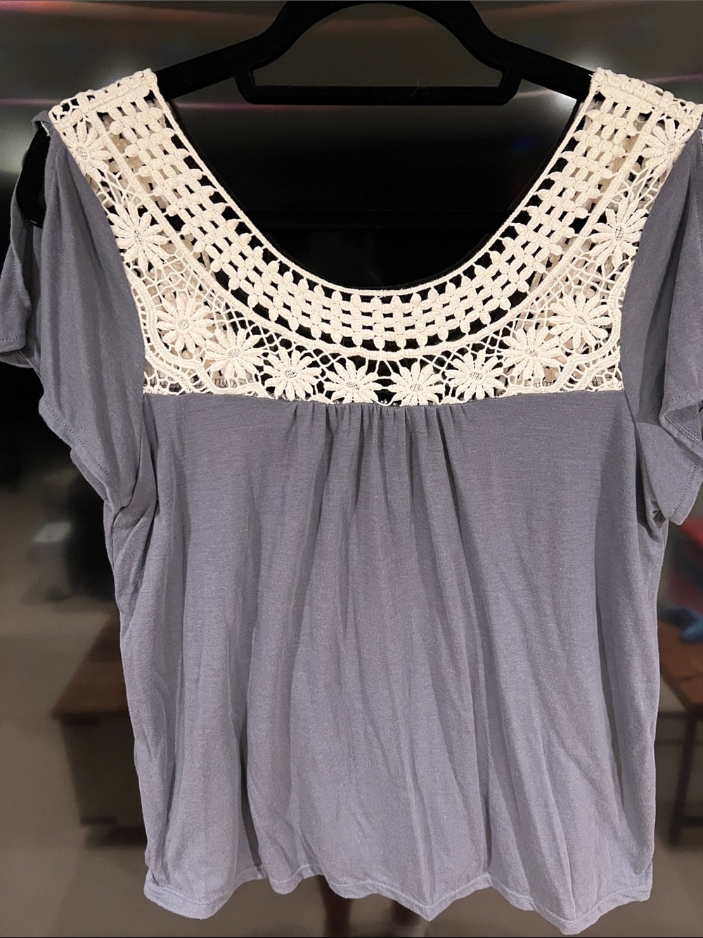 American Eagle Outfitters Gray Top with Cream Crochet Yoke